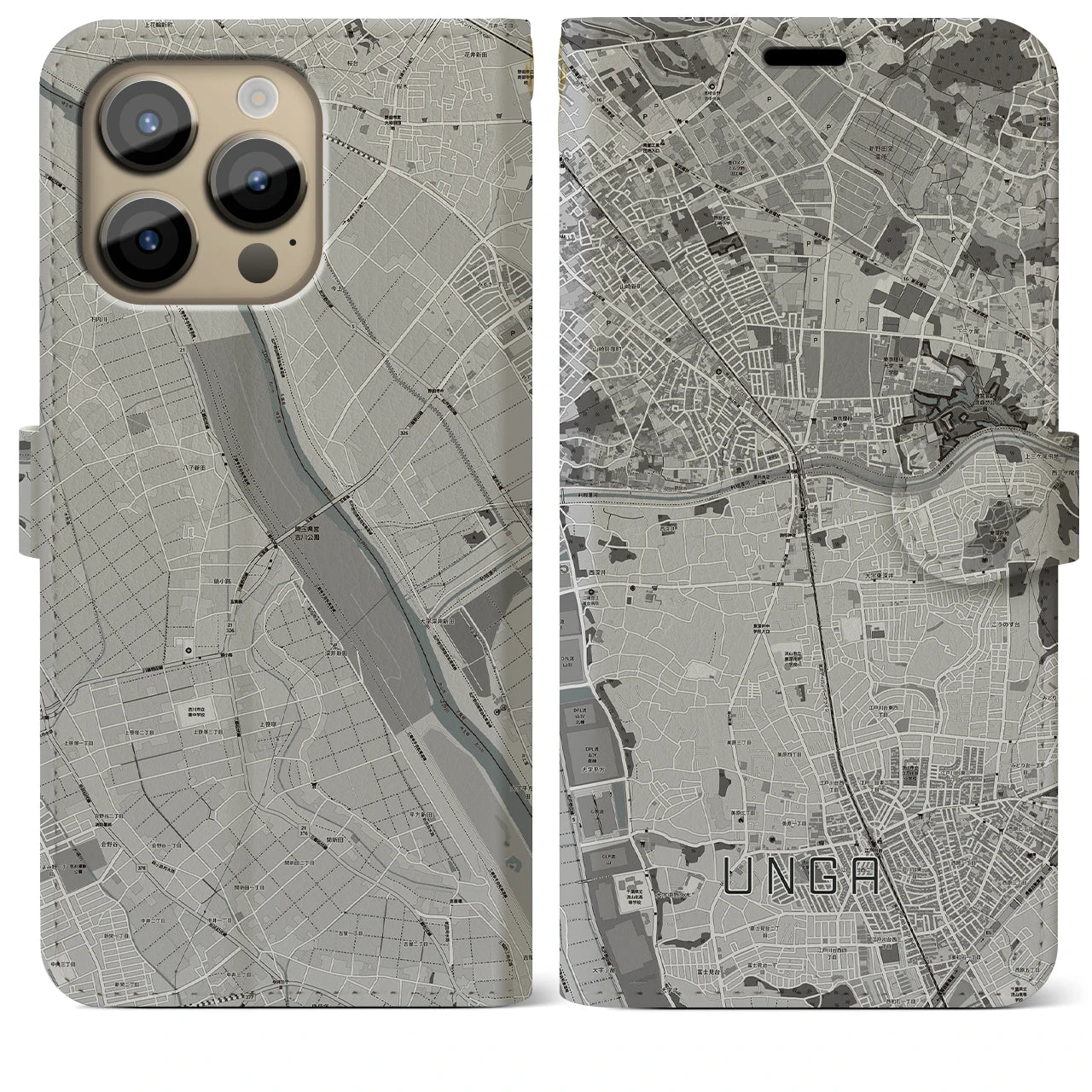 【運河】地図柄iPhoneケース（手帳両面タイプ・モノトーン）iPhone 14 Pro Max 用