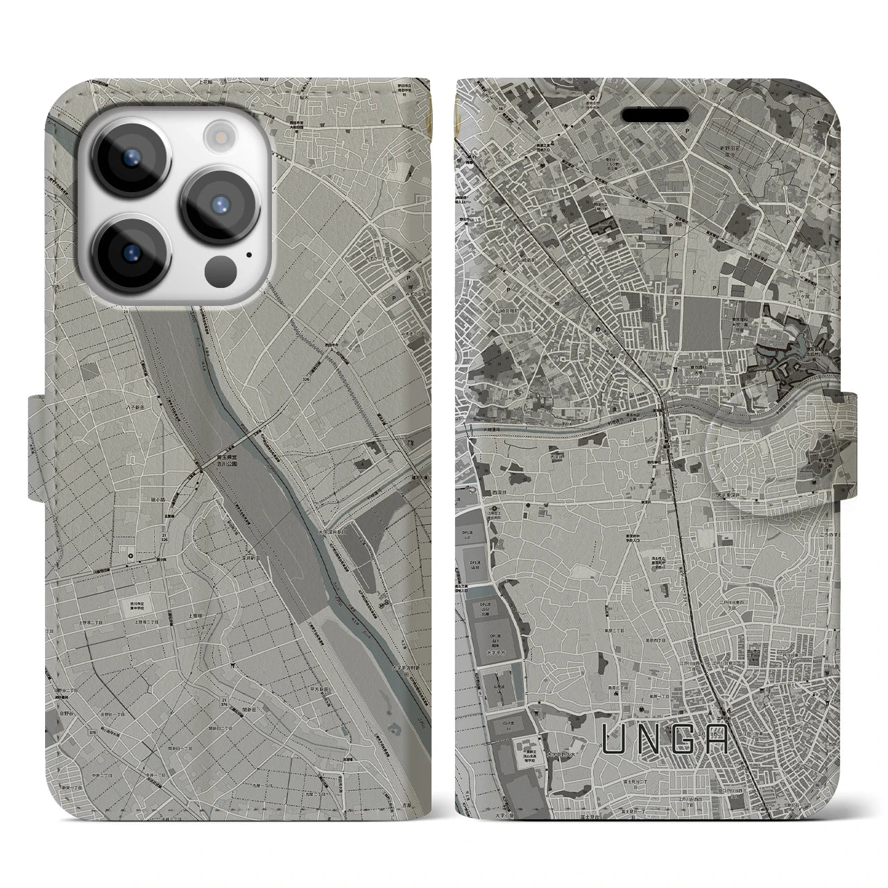 【運河】地図柄iPhoneケース（手帳両面タイプ・モノトーン）iPhone 14 Pro 用