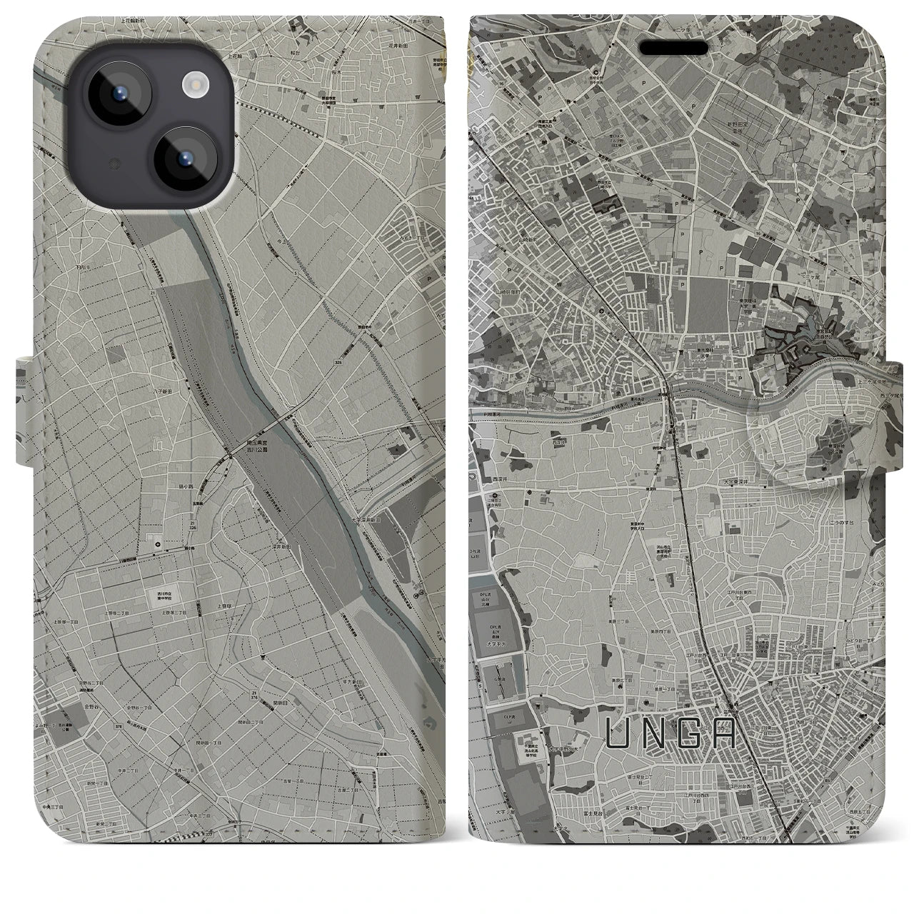 【運河】地図柄iPhoneケース（手帳両面タイプ・モノトーン）iPhone 14 Plus 用