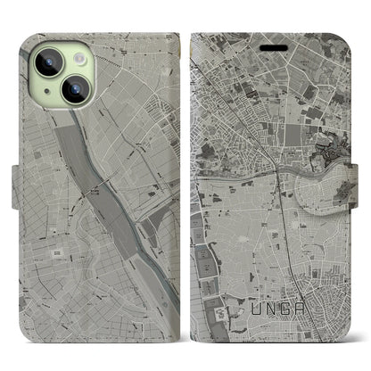 【運河（千葉県）】地図柄iPhoneケース（手帳タイプ）モノトーン・iPhone 15 用