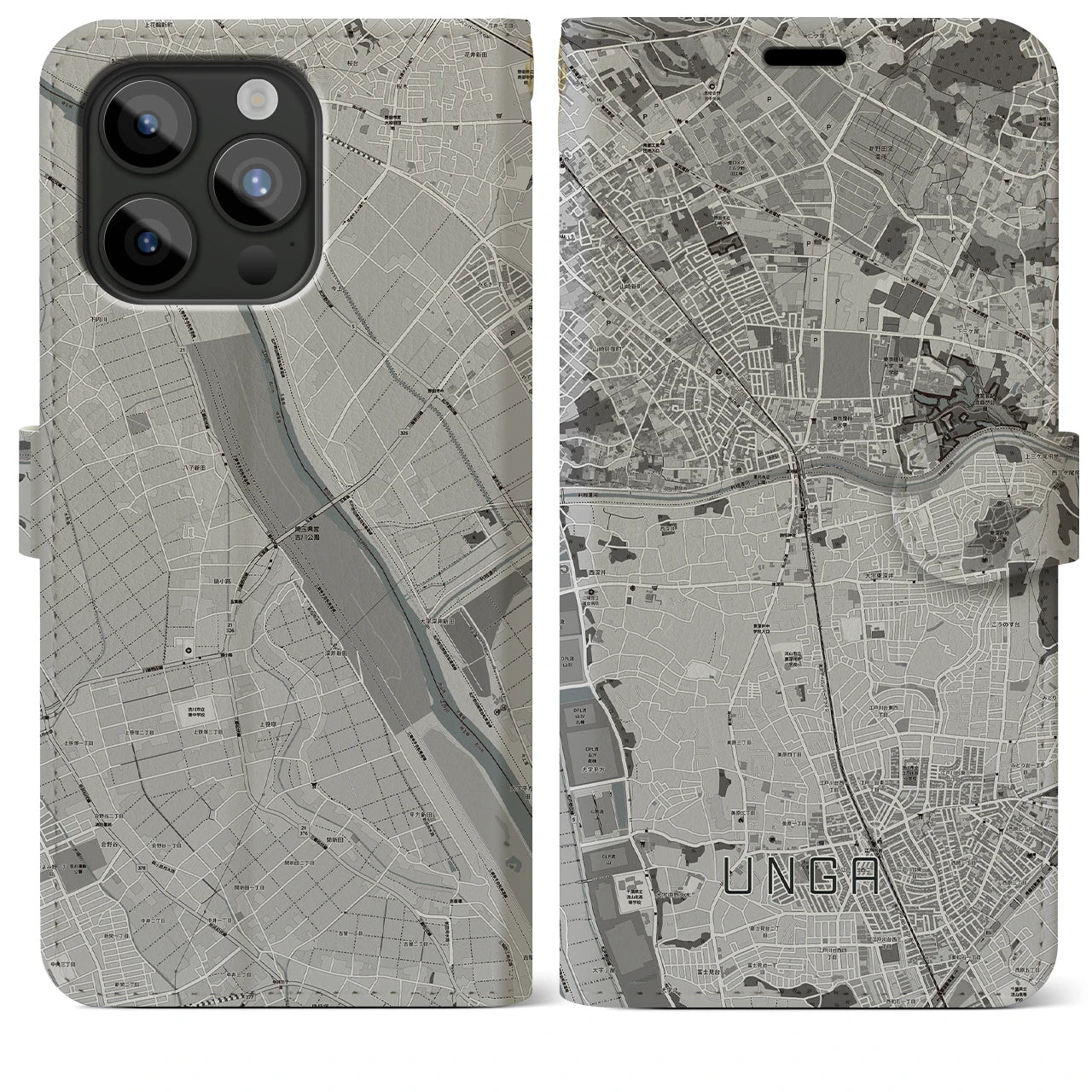 【運河】地図柄iPhoneケース（手帳両面タイプ・モノトーン）iPhone 15 Pro Max 用