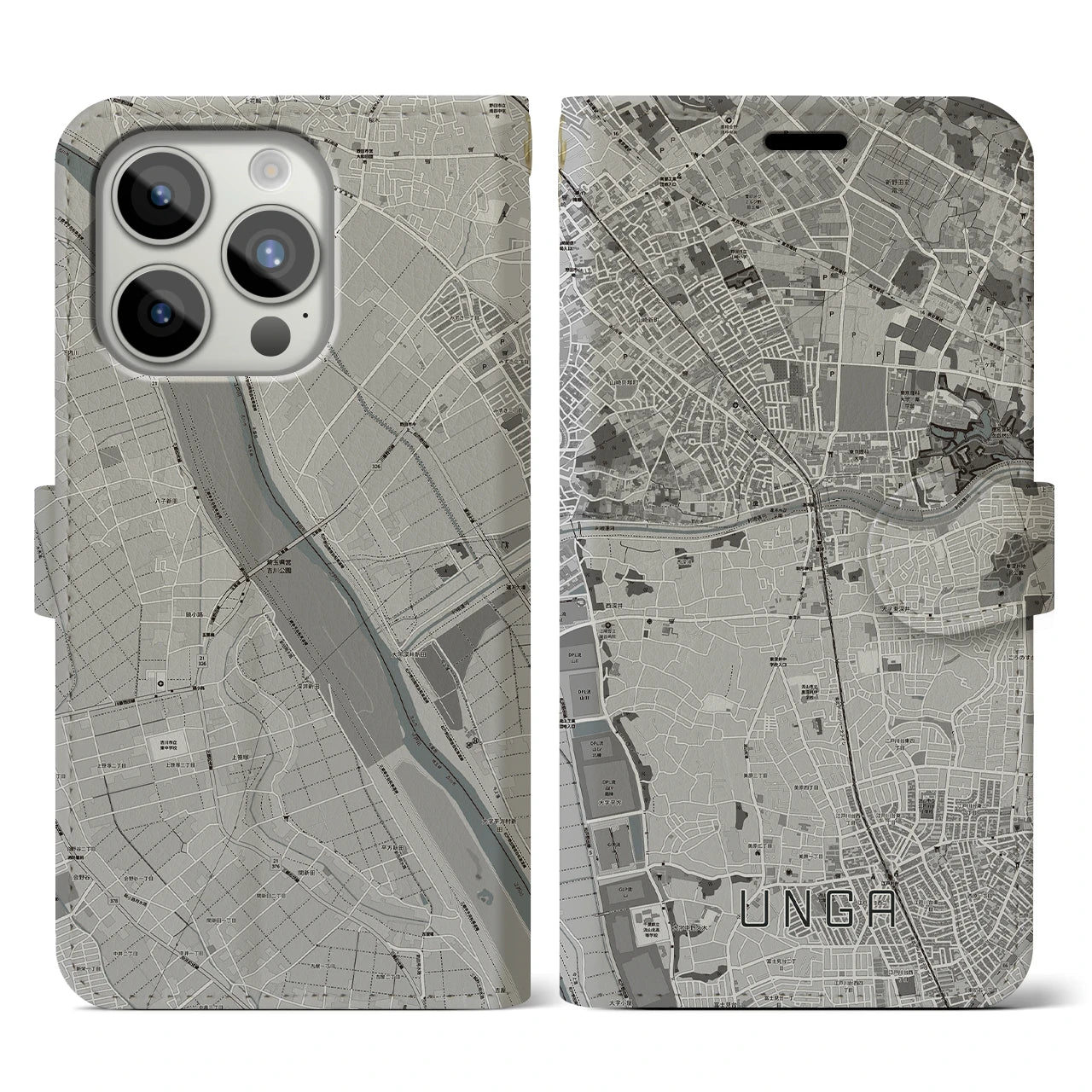 【運河】地図柄iPhoneケース（手帳両面タイプ・モノトーン）iPhone 15 Pro 用