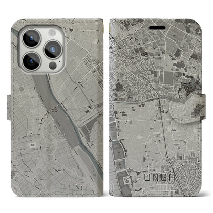 【運河（千葉県）】地図柄iPhoneケース（手帳タイプ）モノトーン・iPhone 15 Pro 用