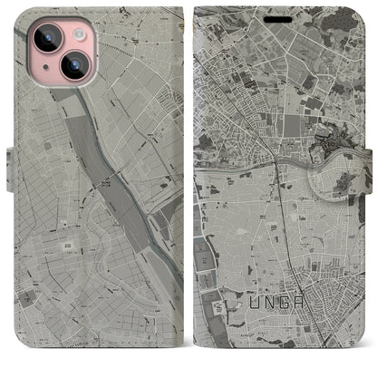 【運河（千葉県）】地図柄iPhoneケース（手帳タイプ）モノトーン・iPhone 15 Plus 用