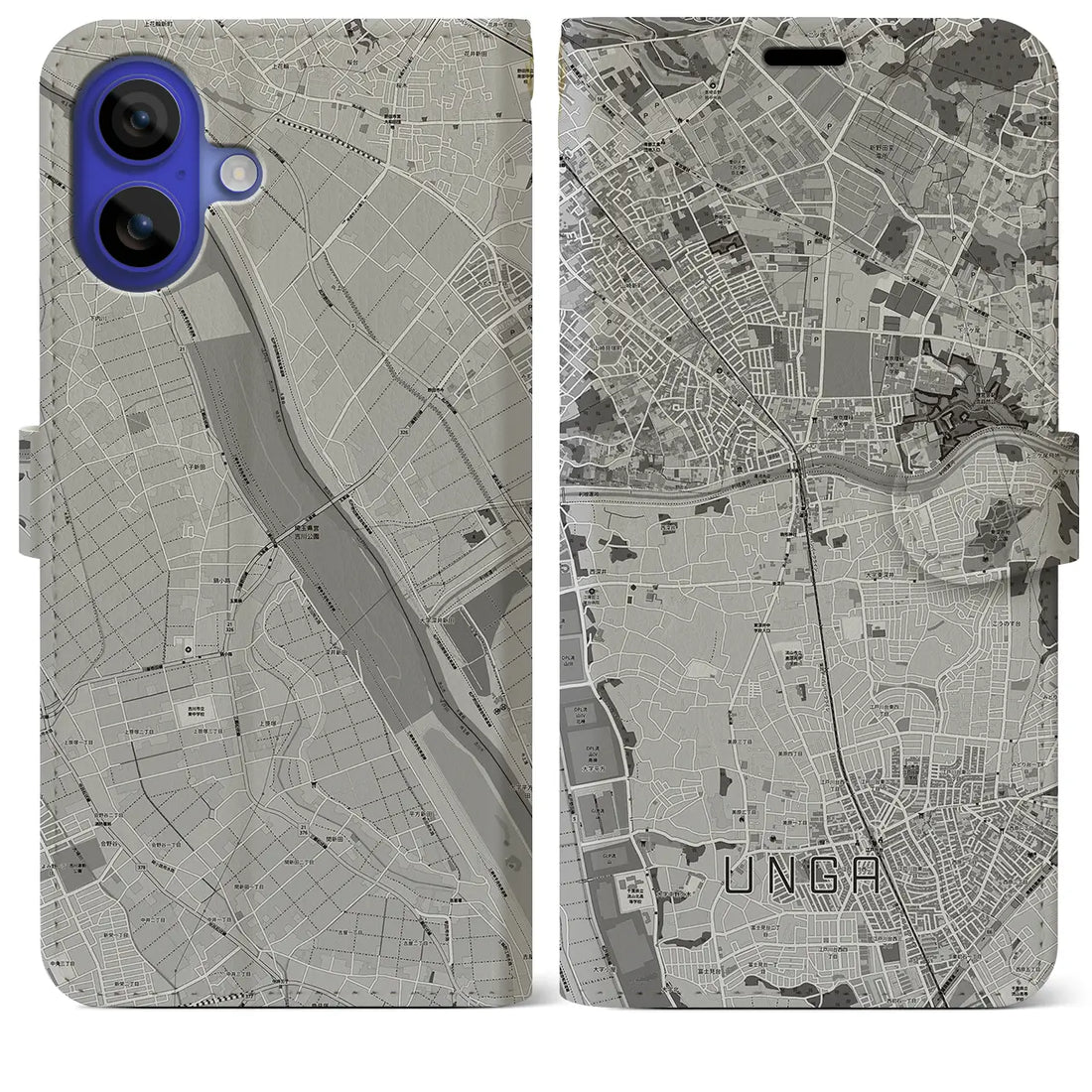 【運河(千葉県)】地図柄iPhoneケース(手帳タイプ)モノトーン・iPhone 16 Pro Max 用