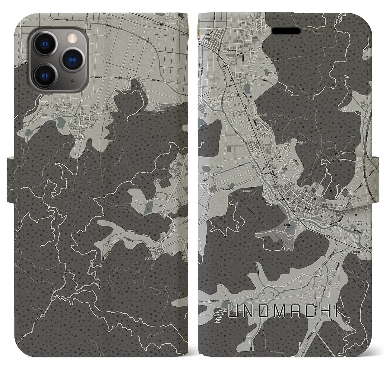 【卯之町】地図柄iPhoneケース（手帳両面タイプ・モノトーン）iPhone 11 Pro Max 用