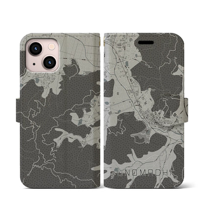 【卯之町（愛媛県）】地図柄iPhoneケース（手帳タイプ）モノトーン・iPhone 13 mini 用