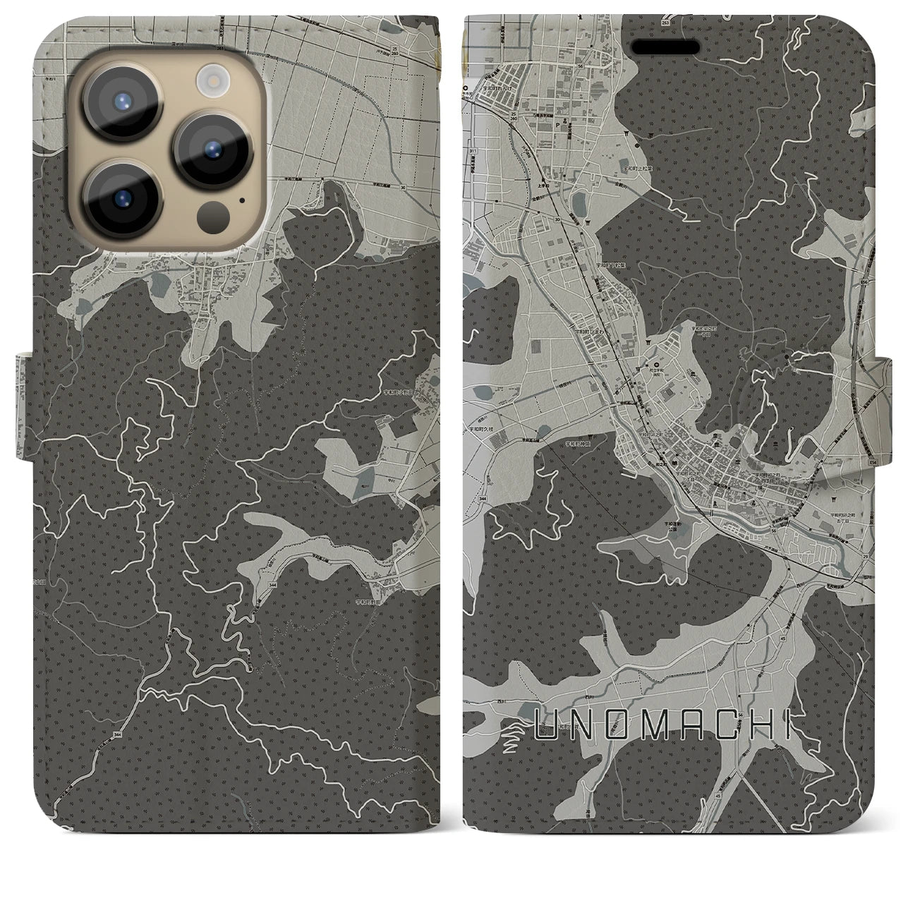【卯之町】地図柄iPhoneケース（手帳両面タイプ・モノトーン）iPhone 14 Pro Max 用