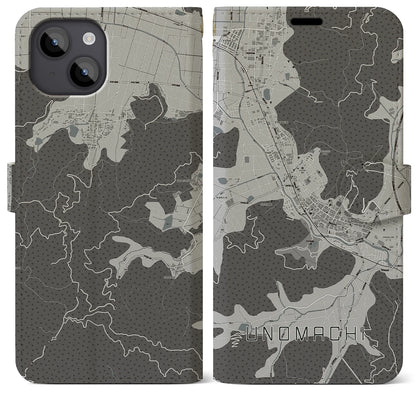 【卯之町（愛媛県）】地図柄iPhoneケース（手帳タイプ）モノトーン・iPhone 14 Plus 用