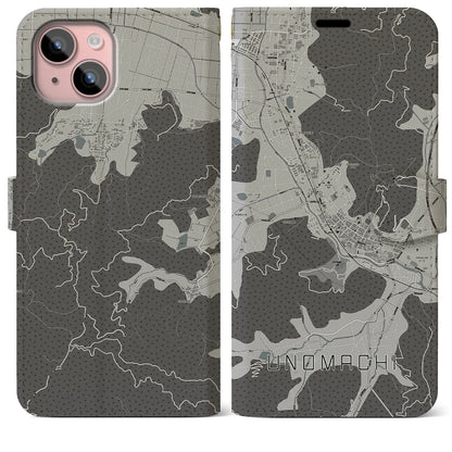 【卯之町（愛媛県）】地図柄iPhoneケース（手帳タイプ）モノトーン・iPhone 15 Plus 用