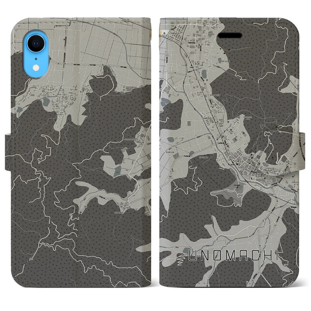 【卯之町】地図柄iPhoneケース（手帳両面タイプ・モノトーン）iPhone XR 用