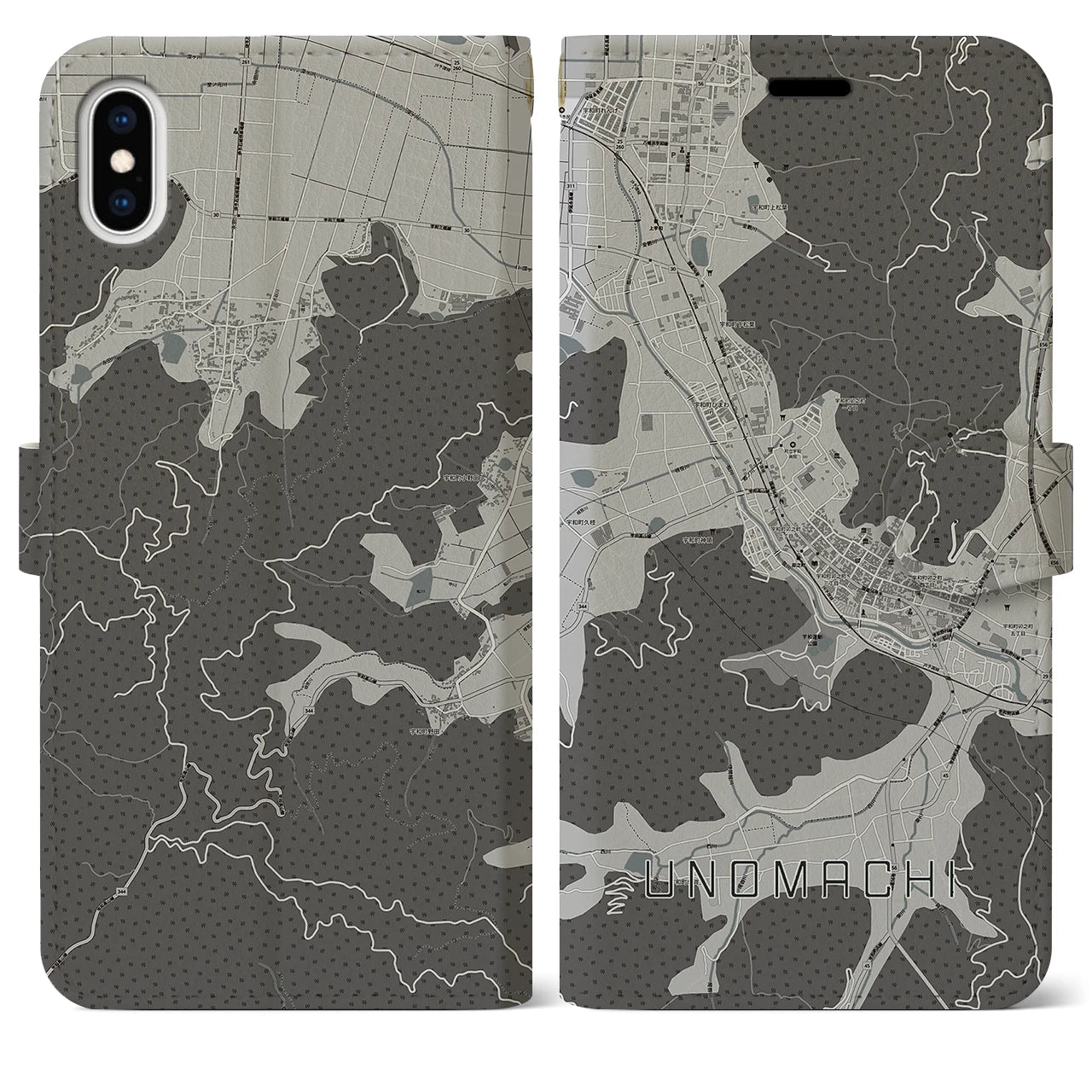 【卯之町】地図柄iPhoneケース（手帳両面タイプ・モノトーン）iPhone XS Max 用