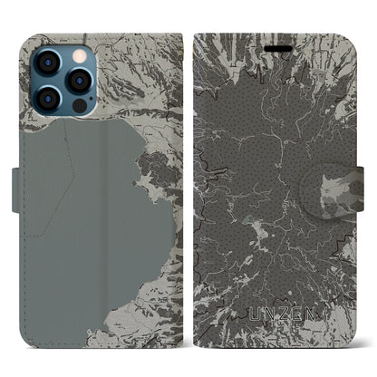 【雲仙（長崎県）】地図柄iPhoneケース（手帳タイプ）モノトーン・iPhone 12 / 12 Pro 用
