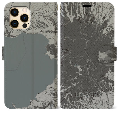 【雲仙（長崎県）】地図柄iPhoneケース（手帳タイプ）モノトーン・iPhone 12 Pro Max 用