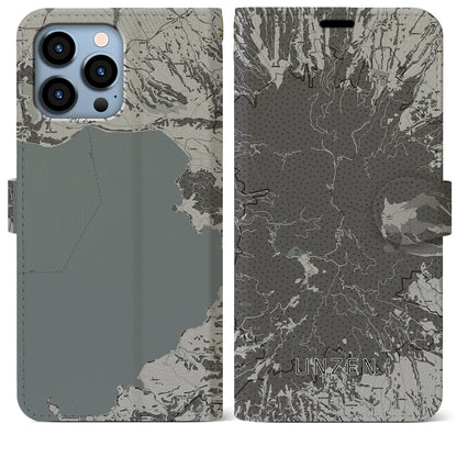 【雲仙（長崎県）】地図柄iPhoneケース（手帳タイプ）モノトーン・iPhone 13 Pro Max 用