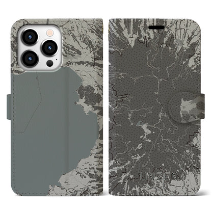 【雲仙（長崎県）】地図柄iPhoneケース（手帳タイプ）モノトーン・iPhone 13 Pro 用