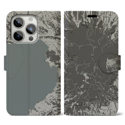 【雲仙（長崎県）】地図柄iPhoneケース（手帳タイプ）モノトーン・iPhone 15 Pro 用