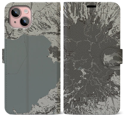 【雲仙（長崎県）】地図柄iPhoneケース（手帳タイプ）モノトーン・iPhone 15 Plus 用