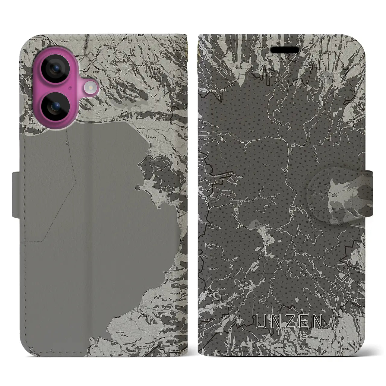 【雲仙（長崎県）】地図柄iPhoneケース（手帳タイプ）モノトーン・iPhone 16 Pro 用