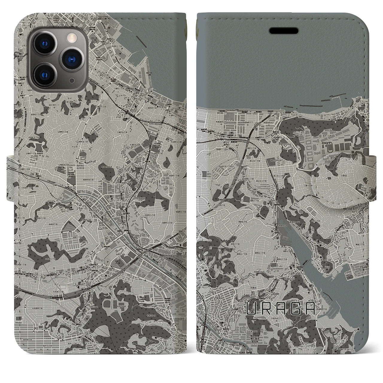 【浦賀】地図柄iPhoneケース（手帳両面タイプ・モノトーン）iPhone 11 Pro Max 用