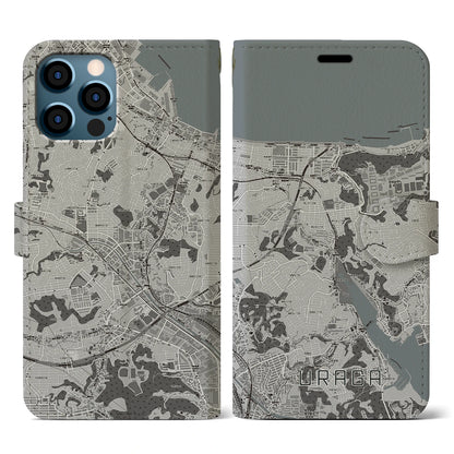 【浦賀（神奈川県）】地図柄iPhoneケース（手帳タイプ）モノトーン・iPhone 12 / 12 Pro 用