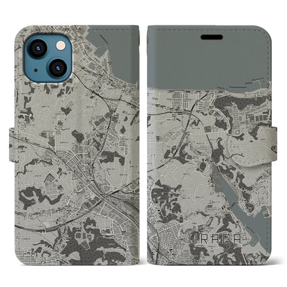 【浦賀（神奈川県）】地図柄iPhoneケース（手帳タイプ）モノトーン・iPhone 13 用