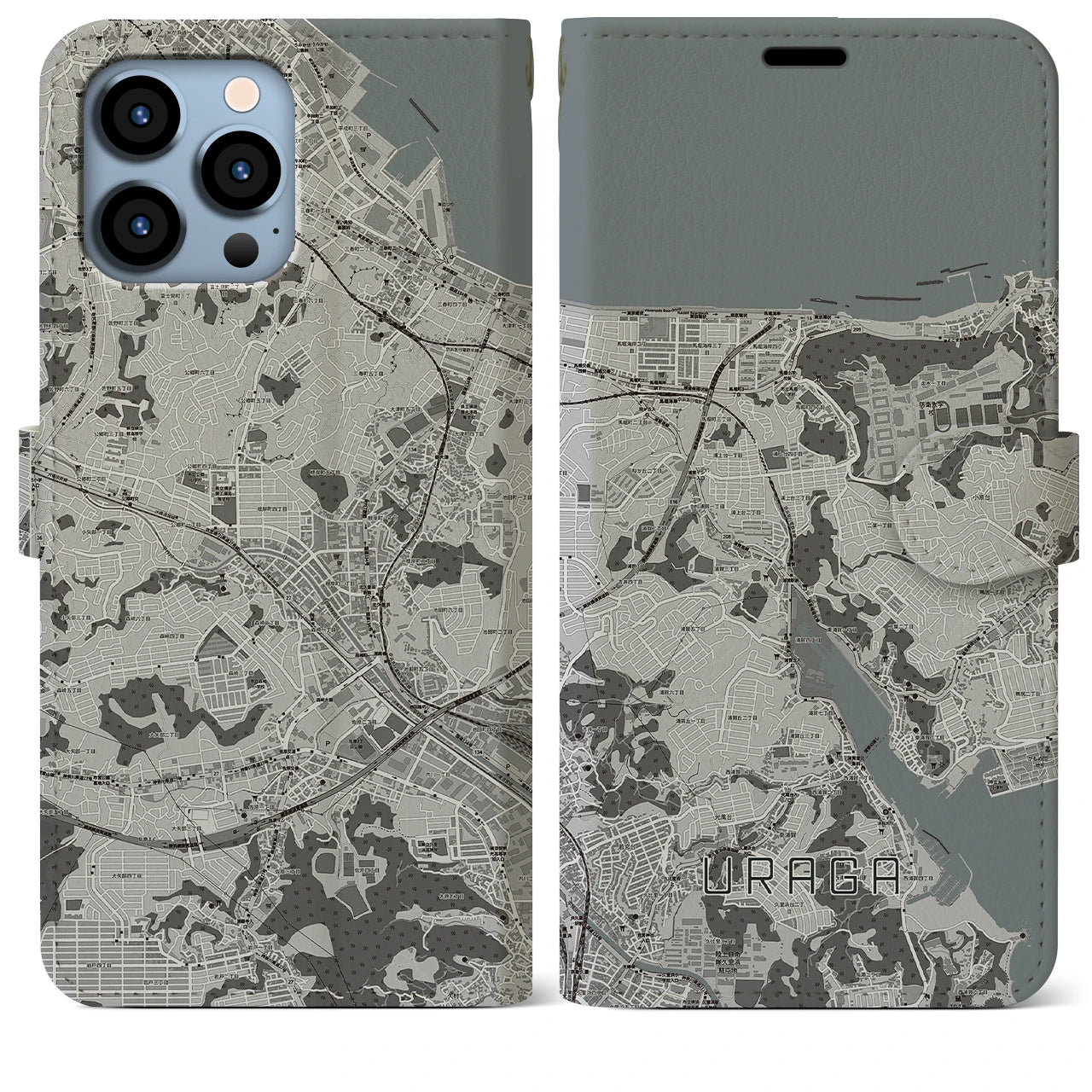 【浦賀】地図柄iPhoneケース（手帳両面タイプ・モノトーン）iPhone 13 Pro Max 用