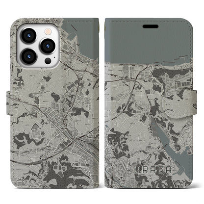 【浦賀（神奈川県）】地図柄iPhoneケース（手帳タイプ）モノトーン・iPhone 13 Pro 用