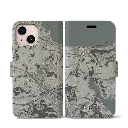 【浦賀（神奈川県）】地図柄iPhoneケース（手帳タイプ）モノトーン・iPhone 13 mini 用