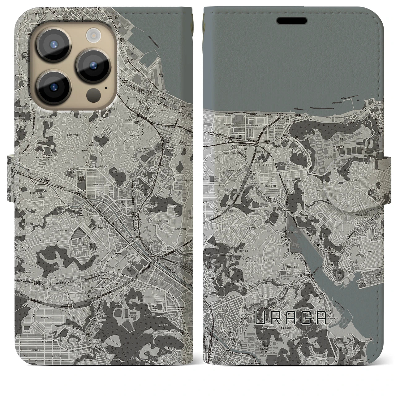 【浦賀】地図柄iPhoneケース（手帳両面タイプ・モノトーン）iPhone 14 Pro Max 用