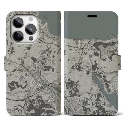 【浦賀（神奈川県）】地図柄iPhoneケース（手帳タイプ）モノトーン・iPhone 14 Pro 用