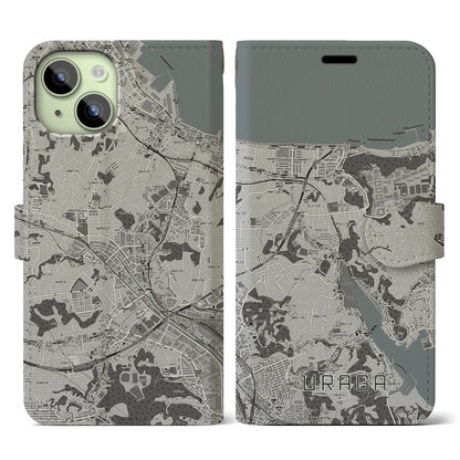【浦賀（神奈川県）】地図柄iPhoneケース（手帳タイプ）モノトーン・iPhone 15 用