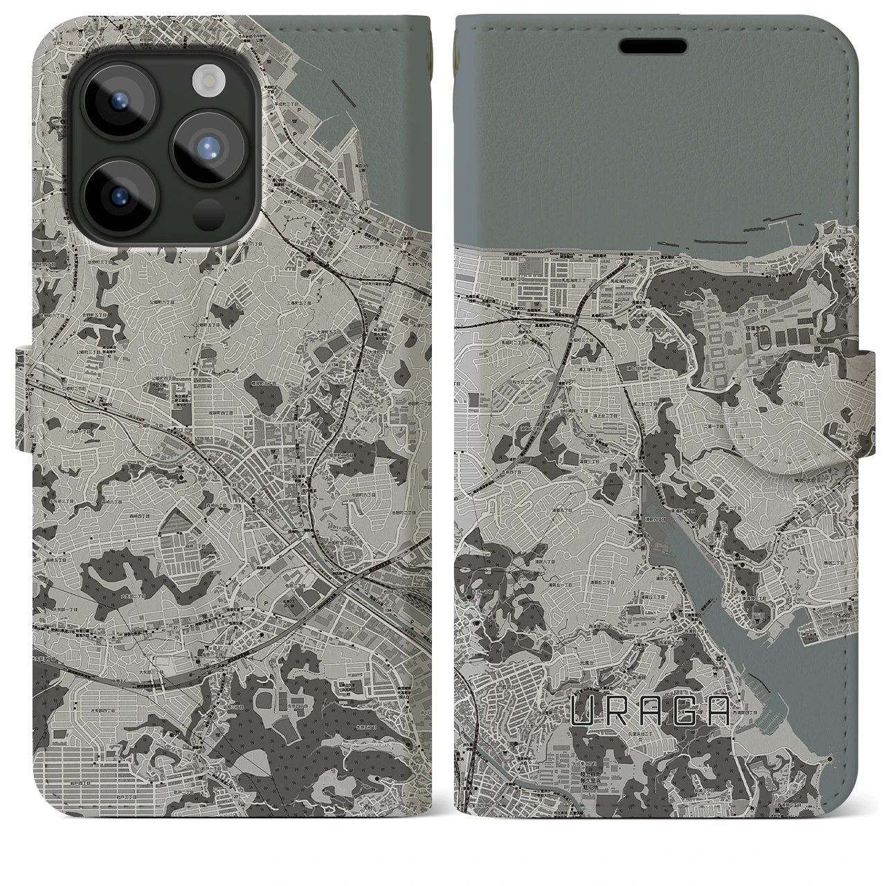 【浦賀】地図柄iPhoneケース（手帳両面タイプ・モノトーン）iPhone 15 Pro Max 用