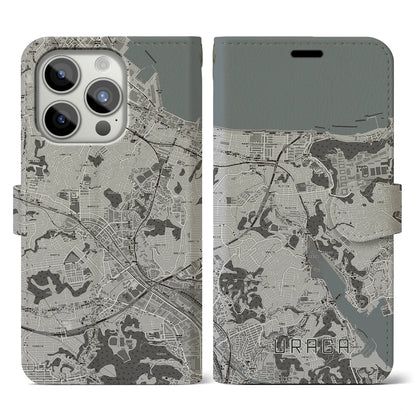 【浦賀（神奈川県）】地図柄iPhoneケース（手帳タイプ）モノトーン・iPhone 15 Pro 用