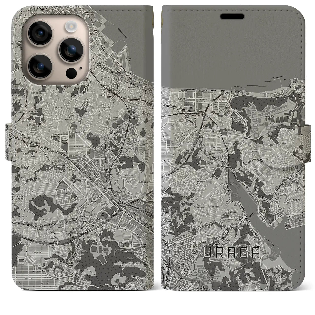 【浦賀（神奈川県）】地図柄iPhoneケース（手帳タイプ）モノトーン・iPhone 16 Plus 用