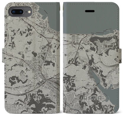 【浦賀（神奈川県）】地図柄iPhoneケース（手帳タイプ）モノトーン・iPhone 8Plus /7Plus / 6sPlus / 6Plus 用
