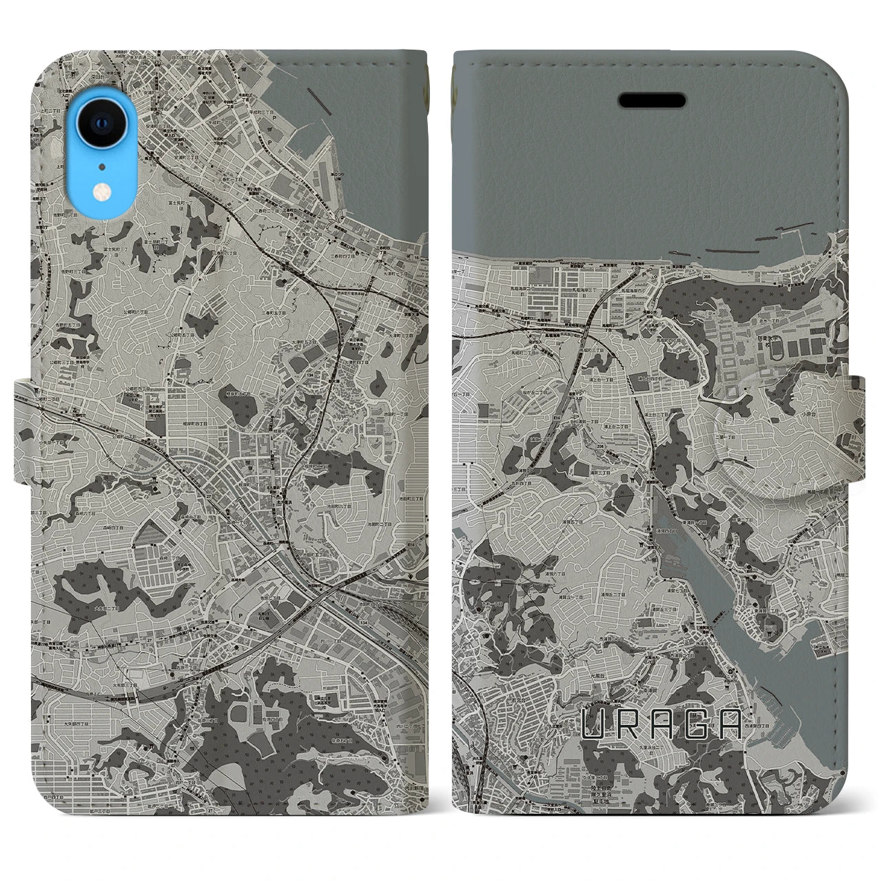 【浦賀】地図柄iPhoneケース（手帳両面タイプ・モノトーン）iPhone XR 用