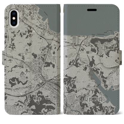 【浦賀（神奈川県）】地図柄iPhoneケース（手帳タイプ）モノトーン・iPhone XS Max 用