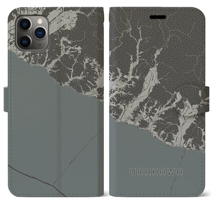 【浦河（北海道）】地図柄iPhoneケース（手帳タイプ）モノトーン・iPhone 11 Pro Max 用