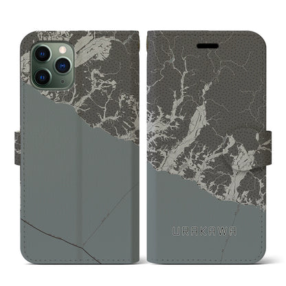 【浦河（北海道）】地図柄iPhoneケース（手帳タイプ）モノトーン・iPhone 11 Pro 用