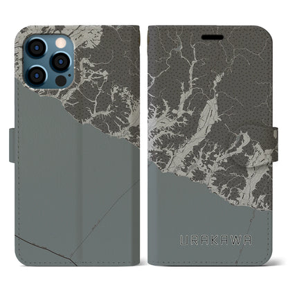 【浦河（北海道）】地図柄iPhoneケース（手帳タイプ）モノトーン・iPhone 12 / 12 Pro 用