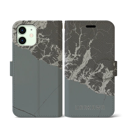 【浦河（北海道）】地図柄iPhoneケース（手帳タイプ）モノトーン・iPhone 12 mini 用