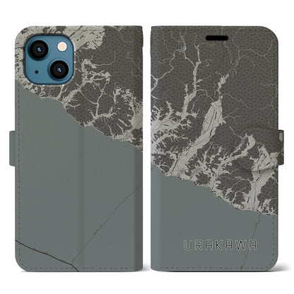 【浦河（北海道）】地図柄iPhoneケース（手帳タイプ）モノトーン・iPhone 13 用