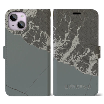 【浦河（北海道）】地図柄iPhoneケース（手帳タイプ）モノトーン・iPhone 14 用
