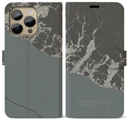 【浦河（北海道）】地図柄iPhoneケース（手帳タイプ）モノトーン・iPhone 14 Pro Max 用