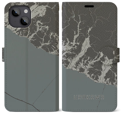 【浦河（北海道）】地図柄iPhoneケース（手帳タイプ）モノトーン・iPhone 14 Plus 用