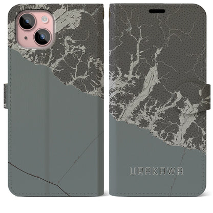 【浦河（北海道）】地図柄iPhoneケース（手帳タイプ）モノトーン・iPhone 15 Plus 用