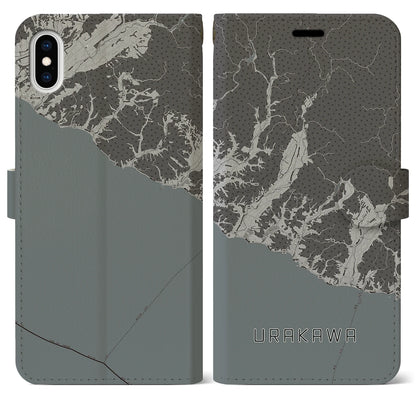 【浦河（北海道）】地図柄iPhoneケース（手帳タイプ）モノトーン・iPhone XS Max 用