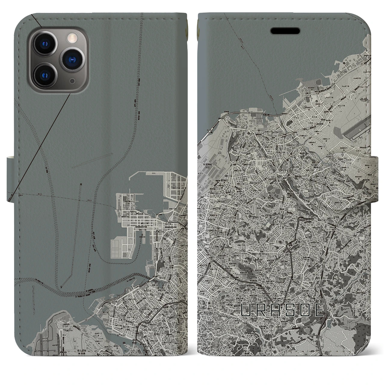 【浦添】地図柄iPhoneケース（手帳両面タイプ・モノトーン）iPhone 11 Pro Max 用