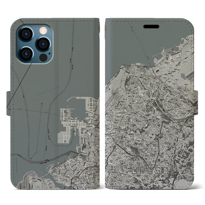 【浦添（沖縄県）】地図柄iPhoneケース（手帳タイプ）モノトーン・iPhone 12 / 12 Pro 用